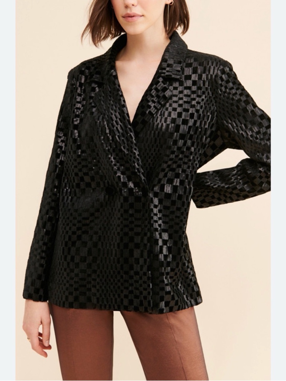 NWT Free People Daisy Street Women's Black Sequin Checkered Blazer Jacket Sz M